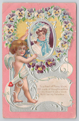 Cupid Admiring Beautiful Woman in Pansy Heart Frame Valentine Poem Postcard