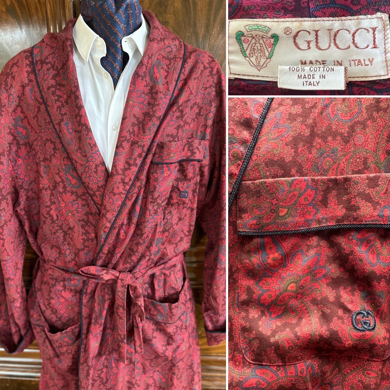 Robe ou robe de chambre homme Gucci vintage années 70 cachemire avec logo GG sur poche