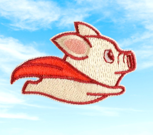 When PIGS FLY - Pink Piglet Wearing a Red Cape - Embroidered Iron On Patch / NEW
