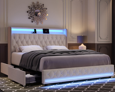 Queen Size Bed Frame LED Tufted Upholstered Platform White 4 Storage Drawers