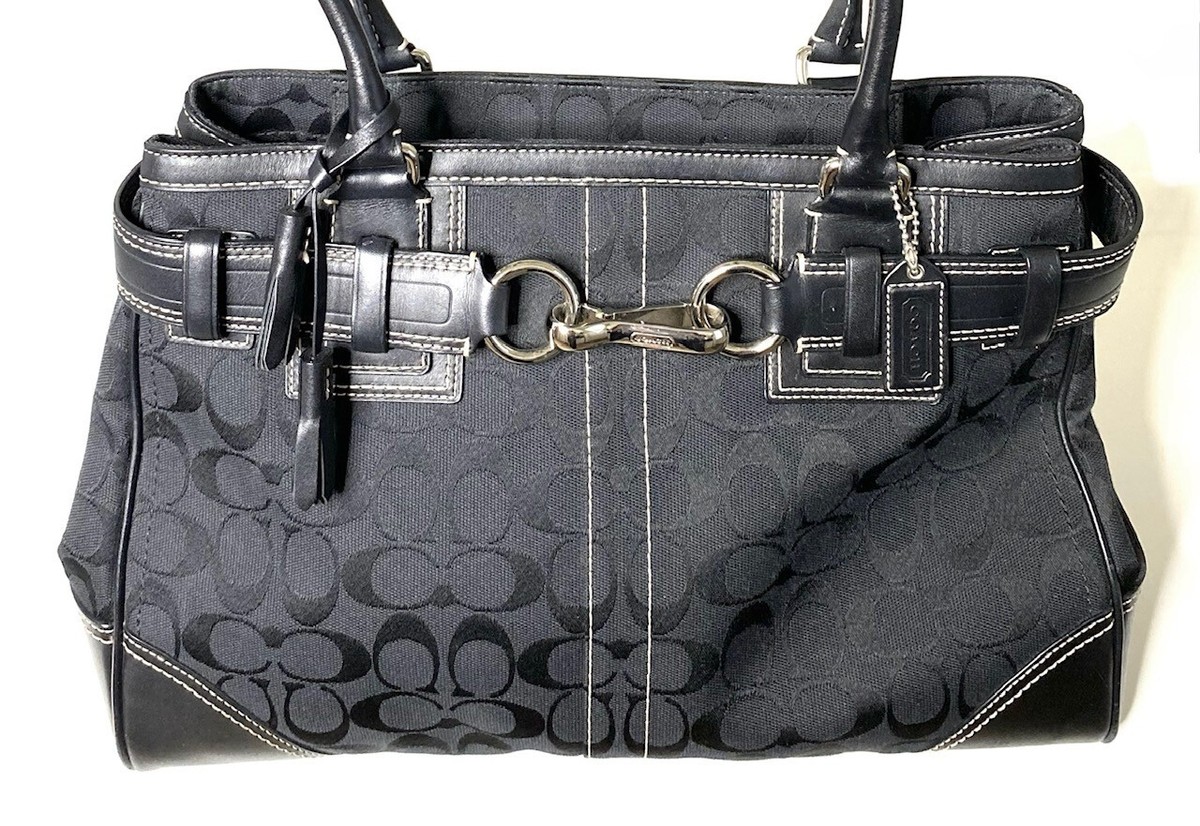 COACH Black CC Canvas Logo Leather Hamptons Tote Satchel Top