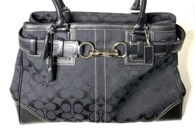 COACH Black CC Canvas Logo Leather Hamptons Tote Satchel Top