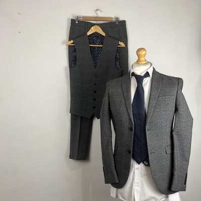NEXT 3-Teiler Anzug Herren 36 S Grau Kariert 32W 31L Super Skinny Fit Weste 34R