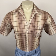 Vtg 60s 70s Sears Shirt Disco Hippie Plaid MCM Mod Stretch Polyester Mens Large
