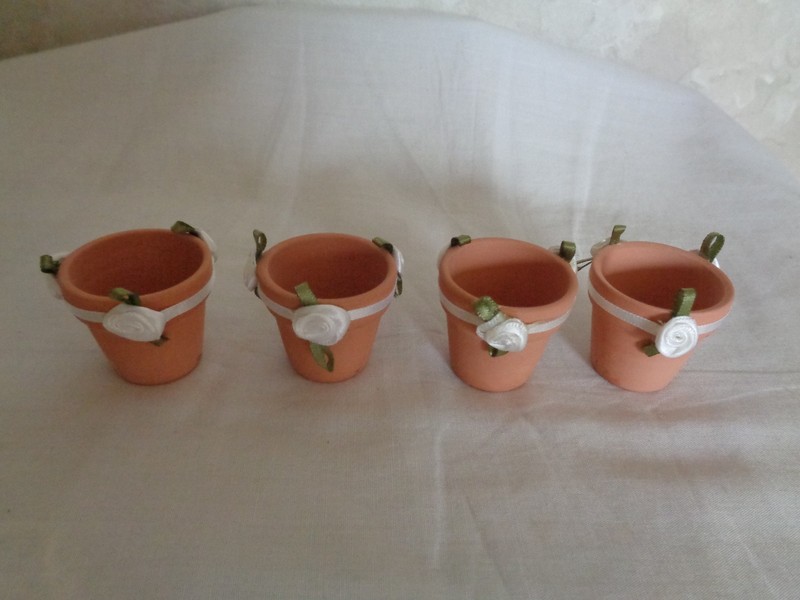 Four Miniature Decorated Clay Pots with White Roses (#6582)