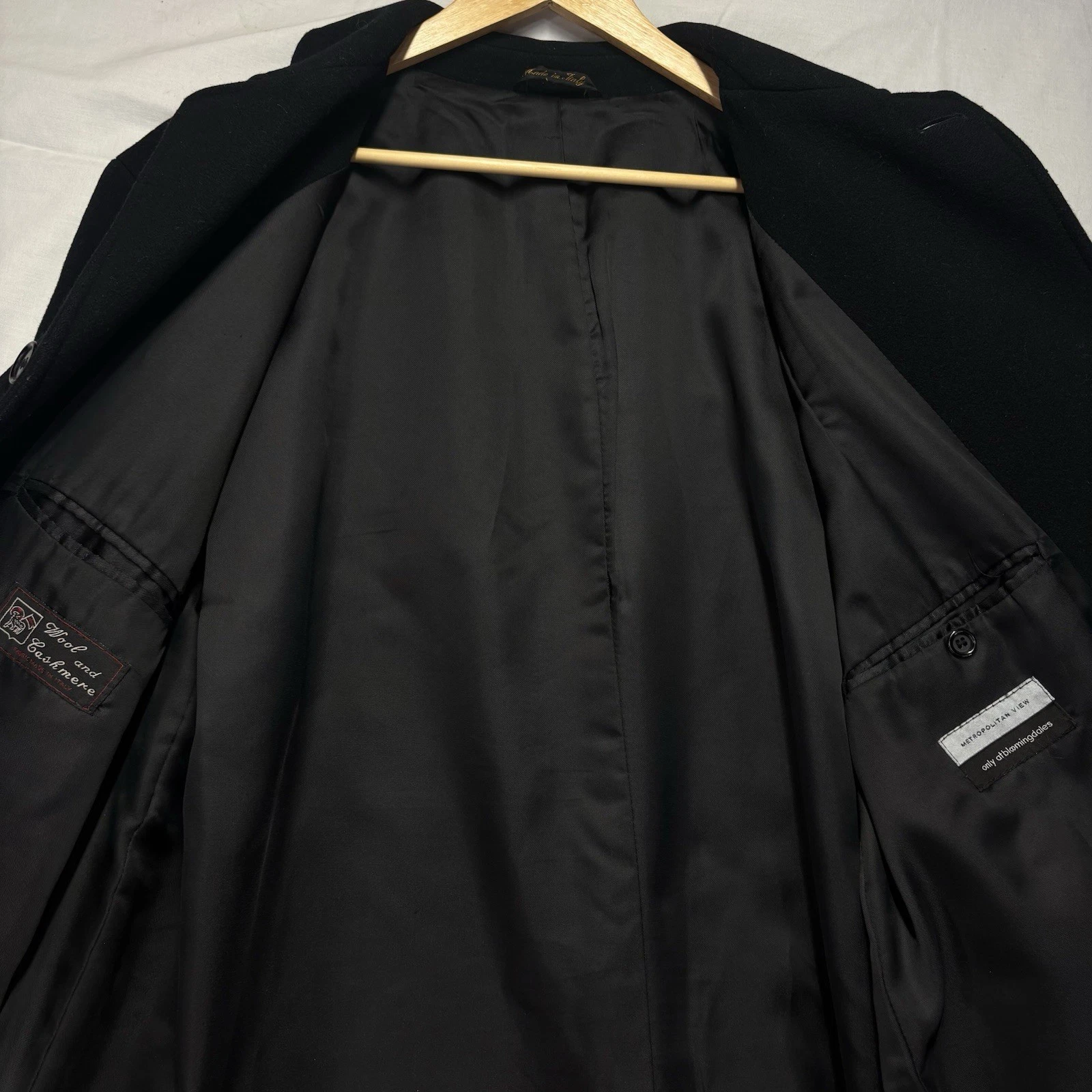 Metropolitan View Bloomingdales Mens 42L Black Wool Cashmere Overcoat Made Italy image 16