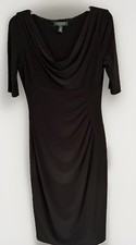Lauren Ralph Lauren Midi Draped Neck Rouched Waist Black Short Sleeve SZ 6