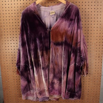 vtg 90s usa URU tie dye silk rayon velvet cover up kimono tunic coat coatigan XL