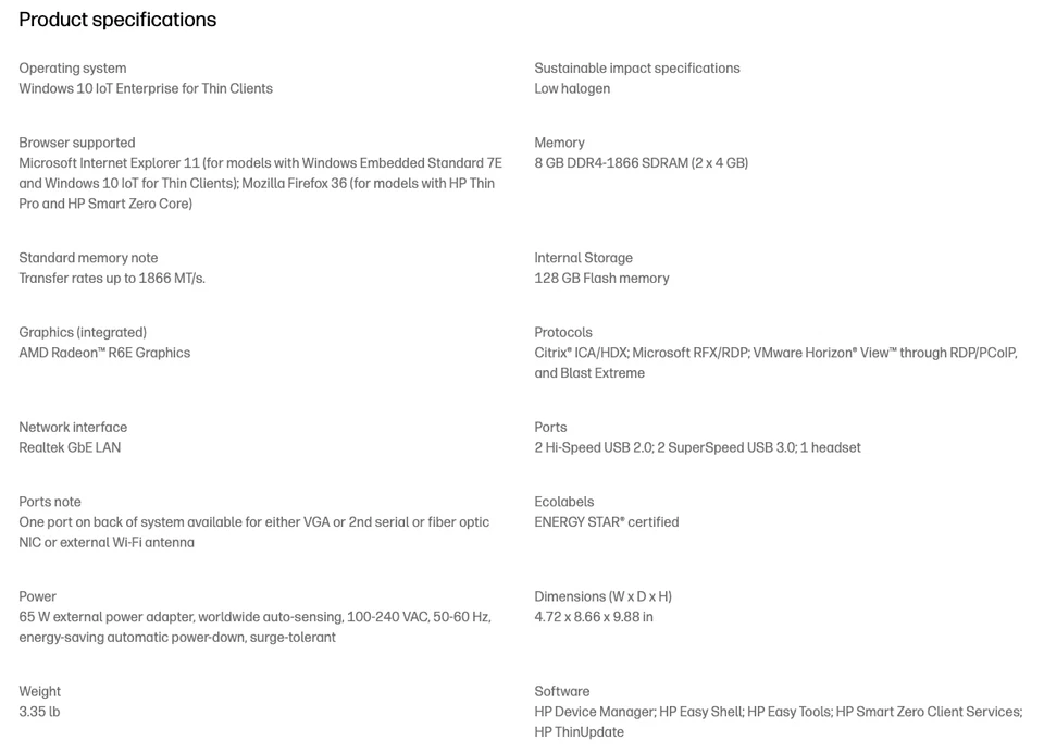 HP t630 Thin Client - Tower Desktop - 8 GB RAM - 128 GB Flash - AMD 3BG75UT#ABA - Image 3 of 4