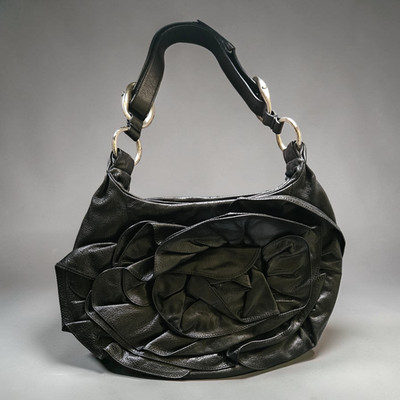 Yves Saint Laurent YSL Rive Gauche Nadja Rose Petal Black Leather Shoulder Bag 