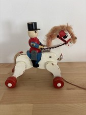 Vintage Wooden Horse with Soldier Painted Rolling Pull Toy - 9" 26658