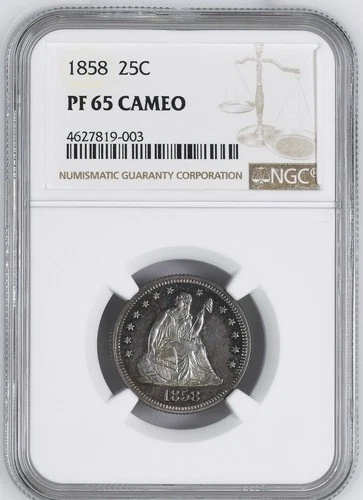 1858 LIBERTY SEATED 25C NGC PR 65 CAM