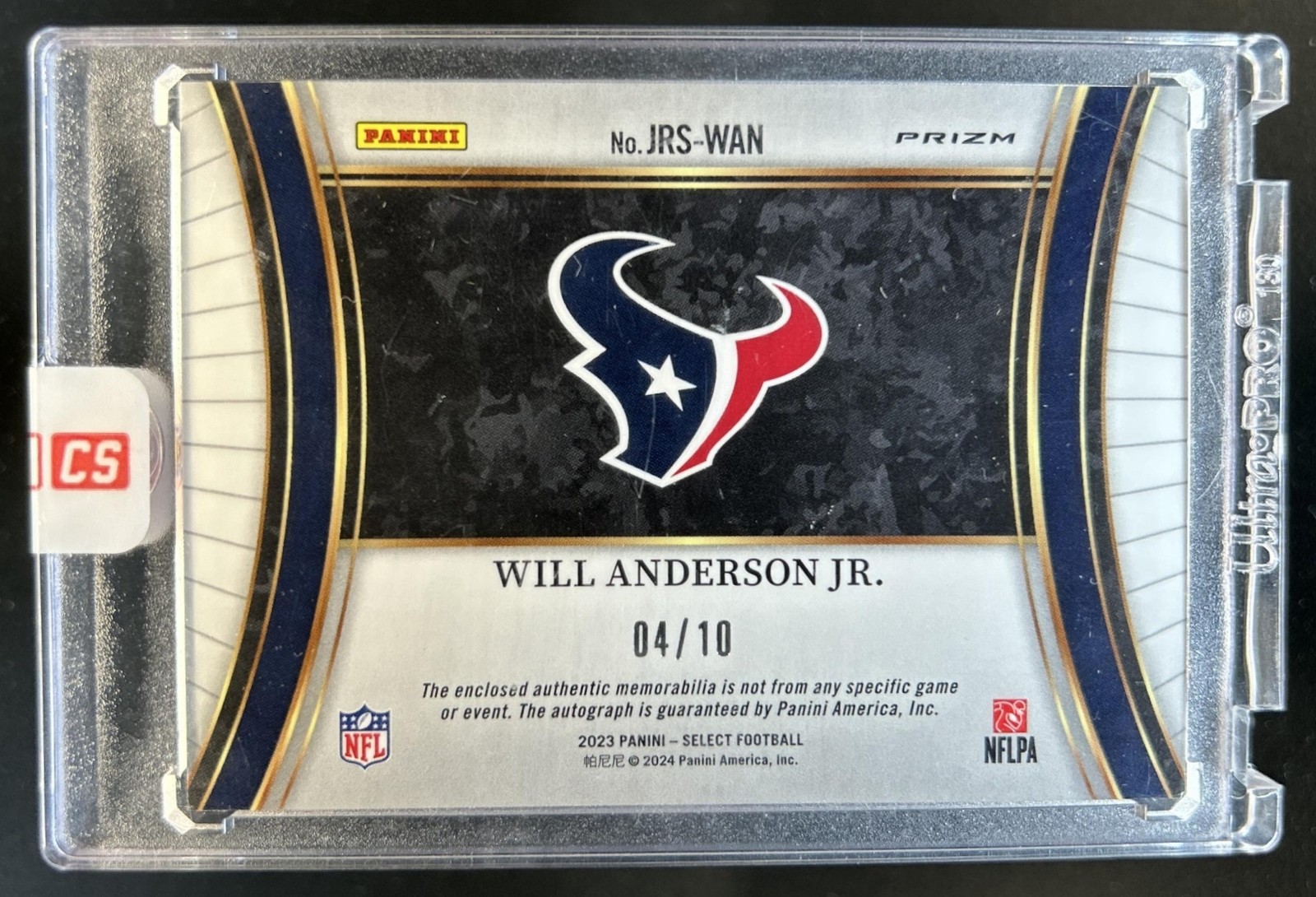 2023 Select Will Anderson Jr. Jumbo Rookie RC Patch Gold Prizm Auto #/10 view 2