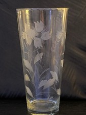 Vintage Tall Clear Glass Vase with etched floral design with frosted detail