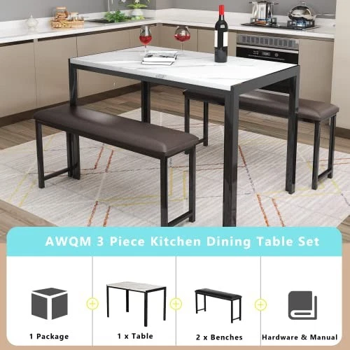 AWQM JUEGO DE MESA DE COMEDOR 3 PIEZAS, JUEGO DE MESA DE COCINA, A004 - BLANCO Foto 4 de 4