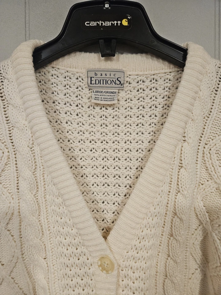 Basic Editions Knit Cardigan Size Large Heavy Cable Knit Creme Color Acrylic  - Image 2 of 4