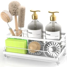 Sponge Holder for Kitchen Sink with Drip Tray Rustproof Non-Slip White