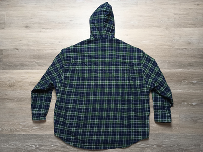 BALENCIAGA Check Flannel Hooded Shirt Logo Embroidered 2023 blue