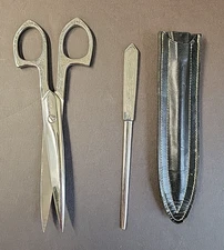 Antique Letter Opener & Scissors Desk Set With Leather Case