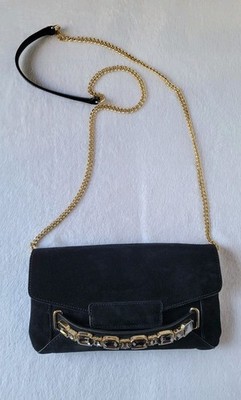 Talbots Women's Suede Elegant Black Clutch Gemstone Accent Chain Bag