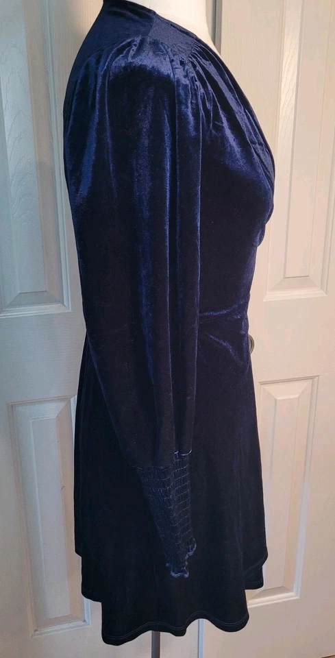 Wrap Dress Size M Velvet Whimsigoth Navy Blue Smocked Long Sleeve V-Neck Stretch - Image 4 of 4