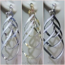 CLIP-ON 3.5" SPIRAL Glitter Dangle Non-Pierced Earrings Gold,Silver,Black 1 Pair