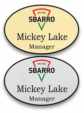 1 GOLD & 1 SILVER OVAL SBARRO PIZZA PERSONALIZED NAME BADGES PIN BACK