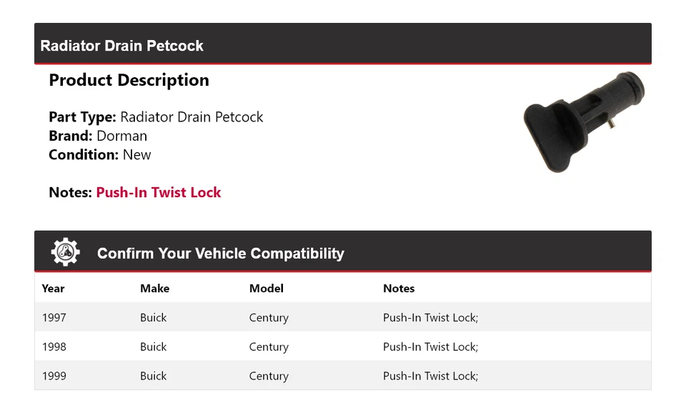 Para Buick Century Dorman 1997-1999 Radiador Drenaje Petcock 1998 Foto 2 de 4