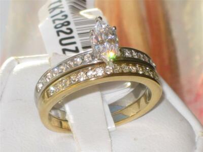 Marquise Ring Set Edelstahl 18kt Gelbgold Verlobung Hochzeit 2tlg 1282