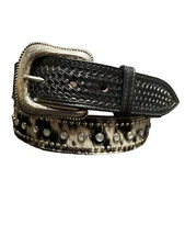 Men’s Native Belt With Metal Diamond Conchos Black Leather Traditional  Belts