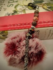 Crystal Keychain Purse Charm Red Matte Leopard Jasper Pom-pom Handmade