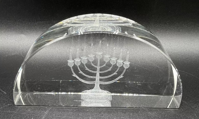 Glass Paperweight Jewish Menorah Laser Etched Crystal 3D Holographic No Scratch