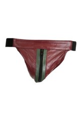 Men's Leather Jockstrap Burgundy Green Stripes Genuine Leather Zipper Jocks K-8