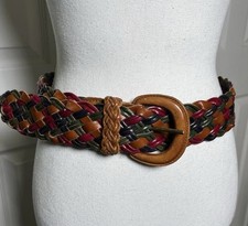 Vintage 80s Genuine Leather Rainbow Braided Belt Boho Unisex Size Large 2.25  W