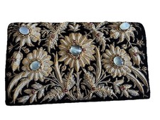 Vintage Gold Metallic Hand Embroidered Evening Bag Clutch w/Cabachon Jewels