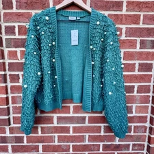 Mighty Fine Loopy Pearl Knit Short Cardigan Sweater 2X Green Grannycore Retro
