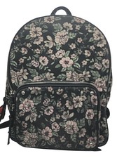 Floral Canvas Backpack Black Pink Green Flowers Striped 3 Zipper Compartments