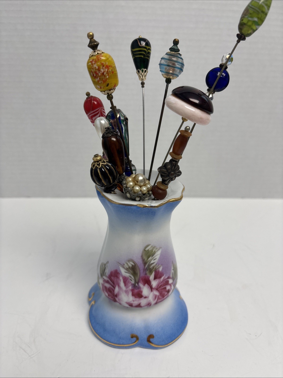 Vintage Limoges Hand-Painted Porcelain Hatpin Holder with 13 Gold Hat Pins