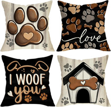 Dog Paw Print Home Decorative Throw Pillow Covers 18 x 18 Set of 4, Black Dog