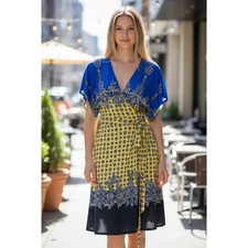 Nine West Women's Wrap Dress Blue Yellow Paisley Print Tie Sleeve Midi Size 14