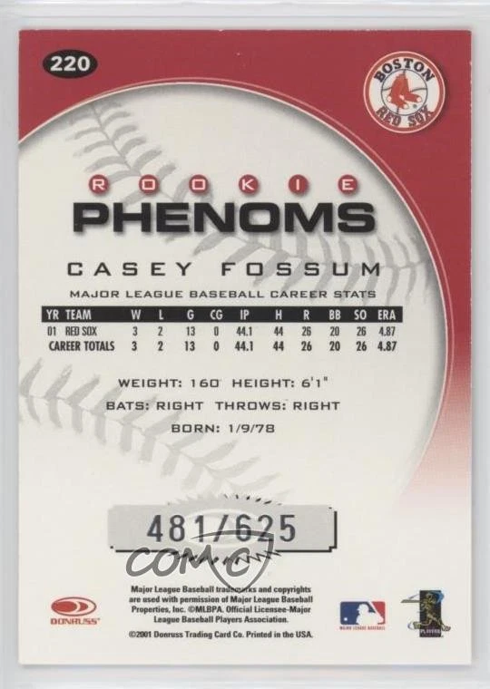 2001 Donruss Class Of 2001 Rookie Phenoms /625 Casey Fossum #220 Rookie RC - Image 2 of 2