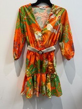 Allyson tropical orange green print tier dress with belt size 10 - BNWOT