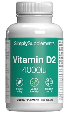 SIMPLY SUPPLEMENTS Vitamin D2 Tablets 4,000iu - 360 Tablets - Vegan & Vegetarian Friendly