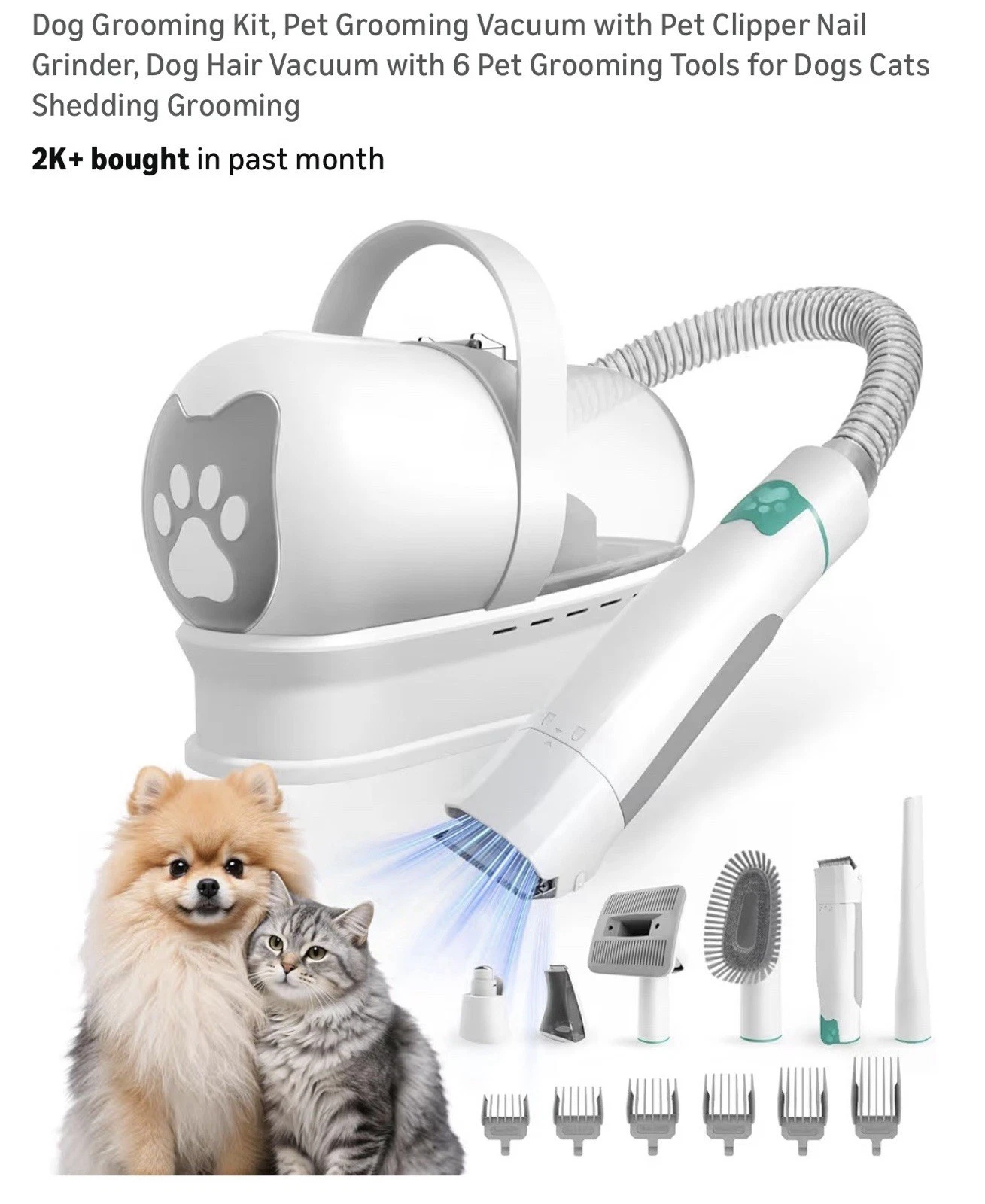 Oneisall Dog Grooming Vacuum Kit with 7 Tools Pet Hair Clipper Nail Grinder