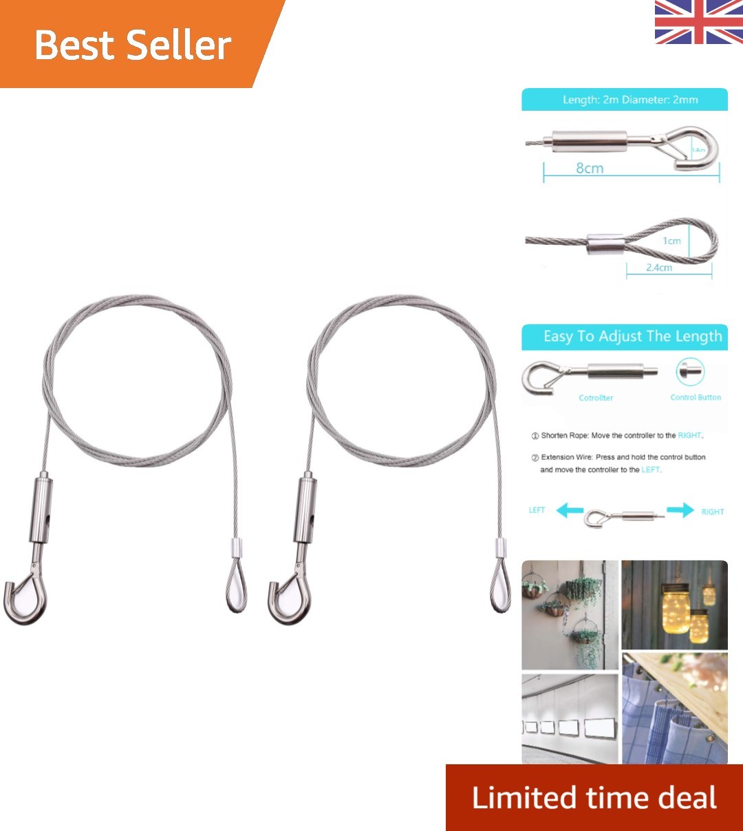 Adjustable 2m Picture Hanging Wire Kit - Heavy Duty, Silver, 40KG Capacity