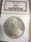 SILVER MORGAN DOLLAR-1881 CC-MS 64-KEY COIN ONLY 296,000 MINTED ! NGC. LOOK !