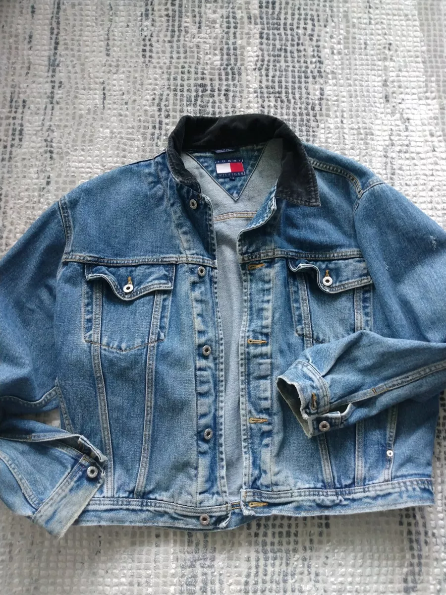 Vintage Tommy Hilfiger Denim Stone Wash Jean Jacket Black Corduroy Collar Large