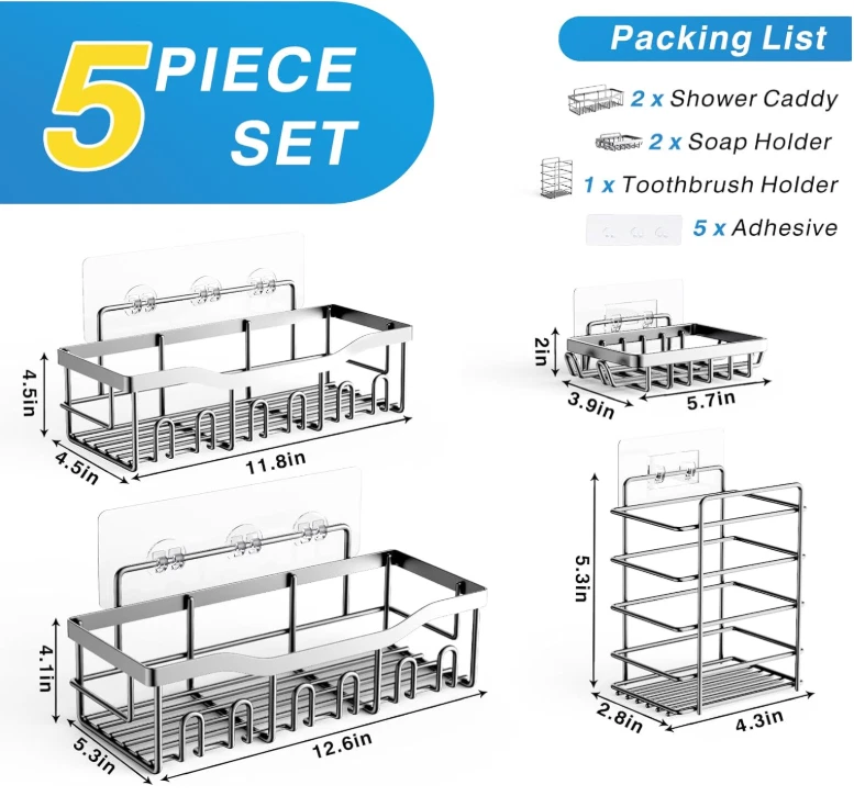 Shower Caddy 5-Pack, Adhesive Organizer, Rustproof Stainless Steel, No Drilling