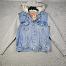 Levis Hooded Denim Jacket Mens Small Blue Gray OUTDOOR SNAP UP Hoodie Adult NWT