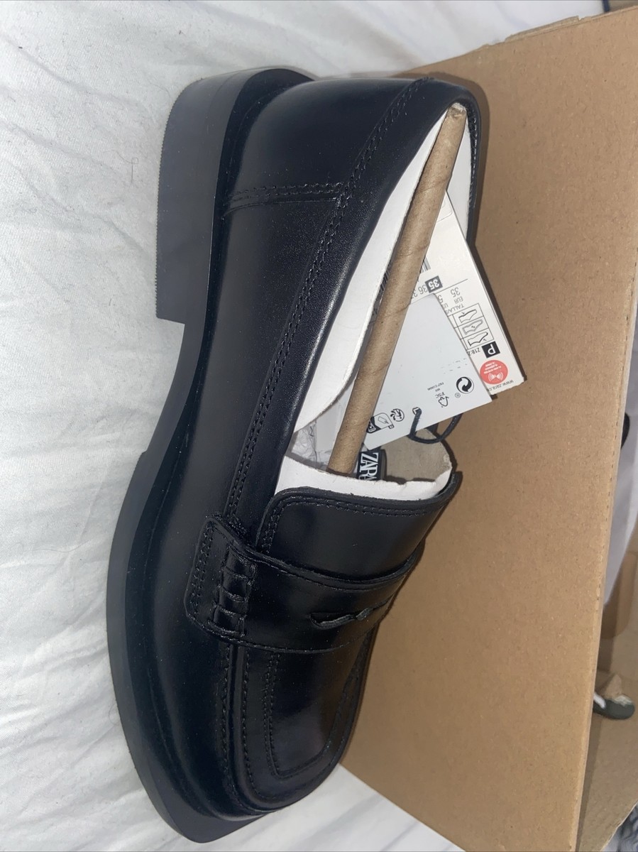 Zara Girls Black Leather Square Toe Loafers UK2 EU35 | eBay